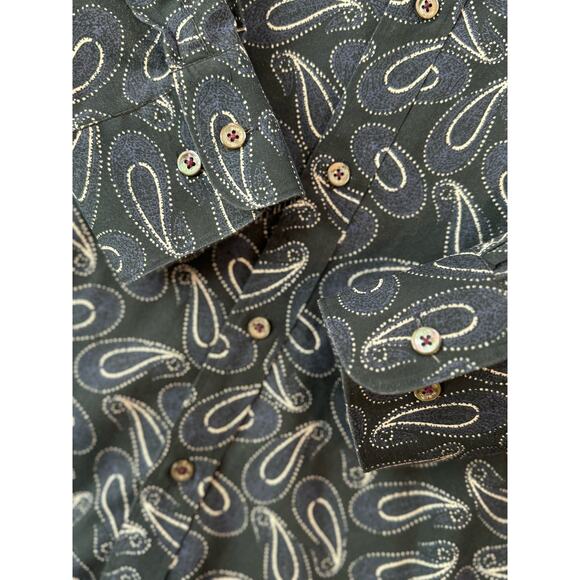 Bugatchi Uomo Men's Large 100% Cotton Shaped Fit Navy Paisley Print Dress Shirt - Picture 3 of 9